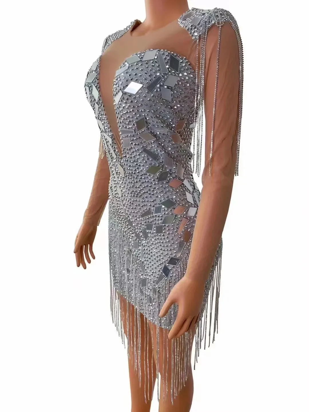 Vestido de cumpleaños con espejos, traje de escenario, cadenas de cristales, vestido de malla transparente para fiesta, celebración, disfraz con flecos, club nocturno