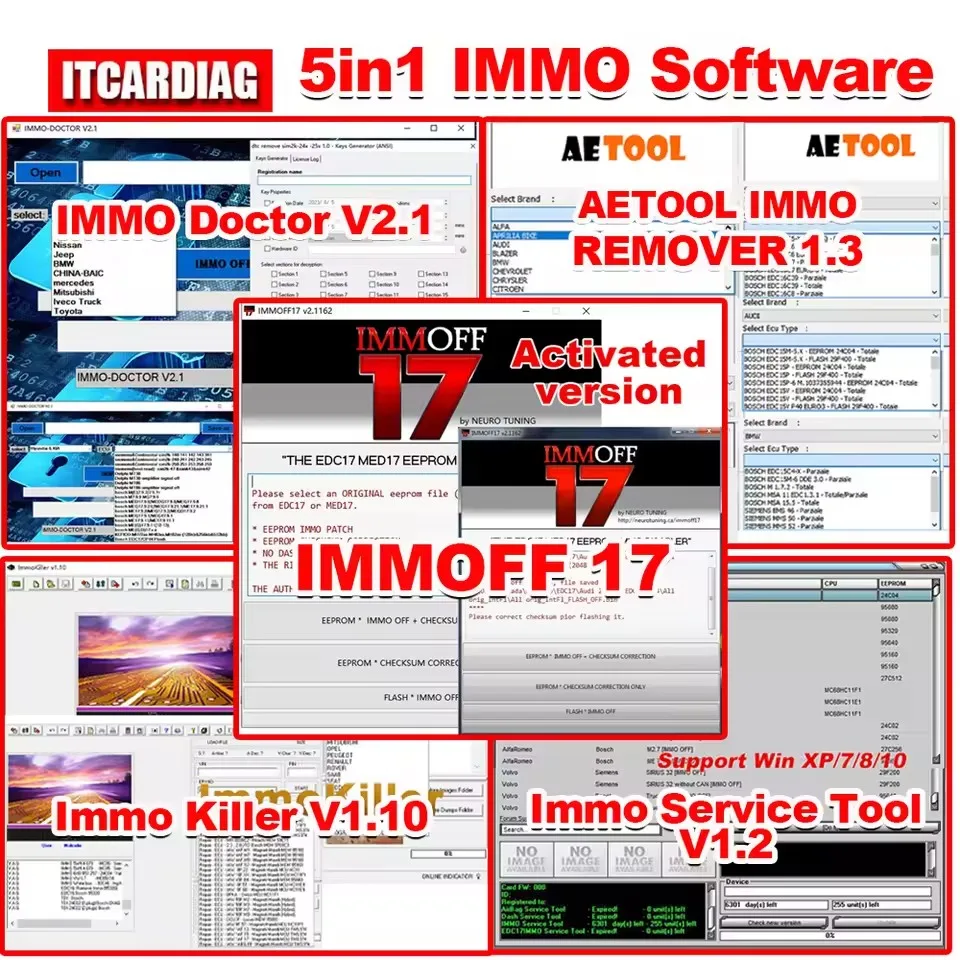 

Программное обеспечение для автомобилей 5 в 1: IMMOFF 17, Immo Doctor V2.1, AETOOL IMMO REMOVER 1.3, ImmoKiller V1.10, IMMO SERVICE TOOL V1.2
