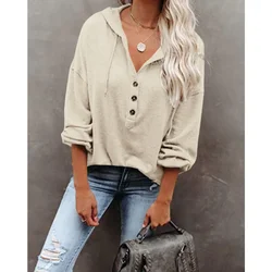 Autumn New V-Neck Long Sleeve Loose Casual Women's Hoodie with Drawstring Sports Sweatshirt Comfortable Leisure Women's Top