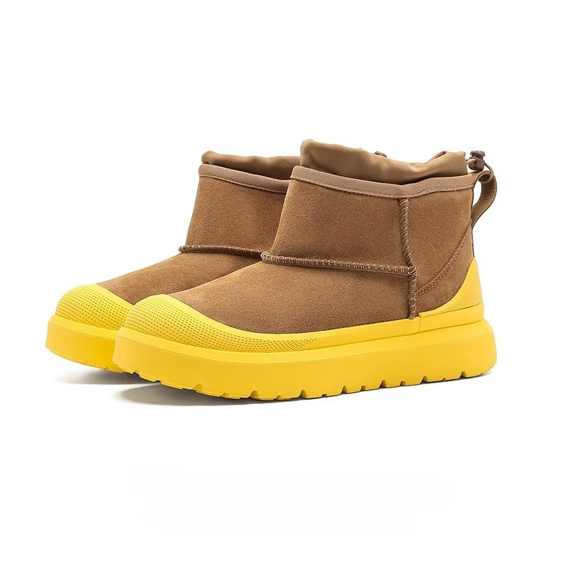 

2025 snow boots for men and women with one fur and one couple dopamine short tube warm thickened boots