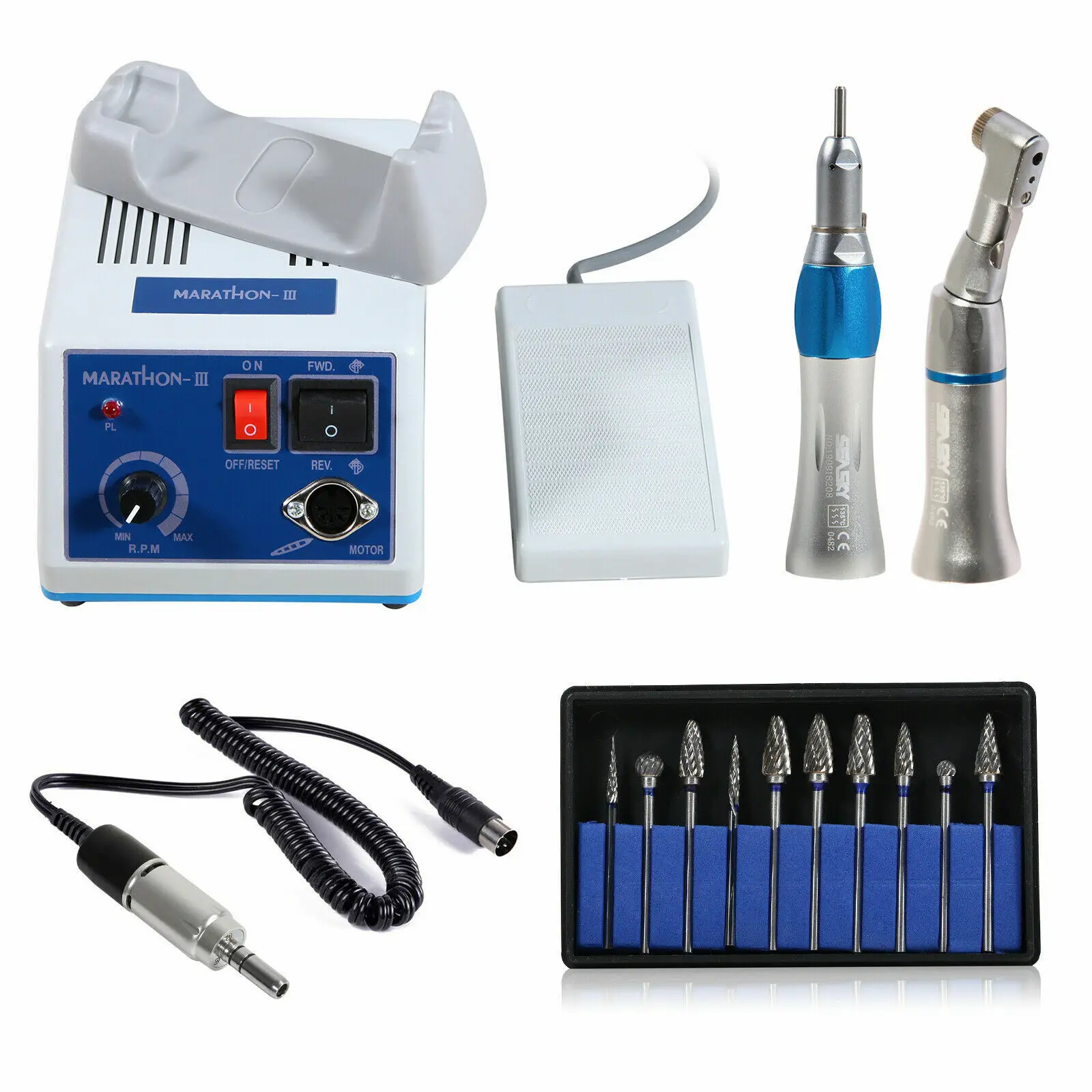 

Dental Lab Marathon Electric Micromotor N3/Nsk Style Low Speed Straight NoseCone Contra angle Handpiece+10PCS Carbide Bur EP