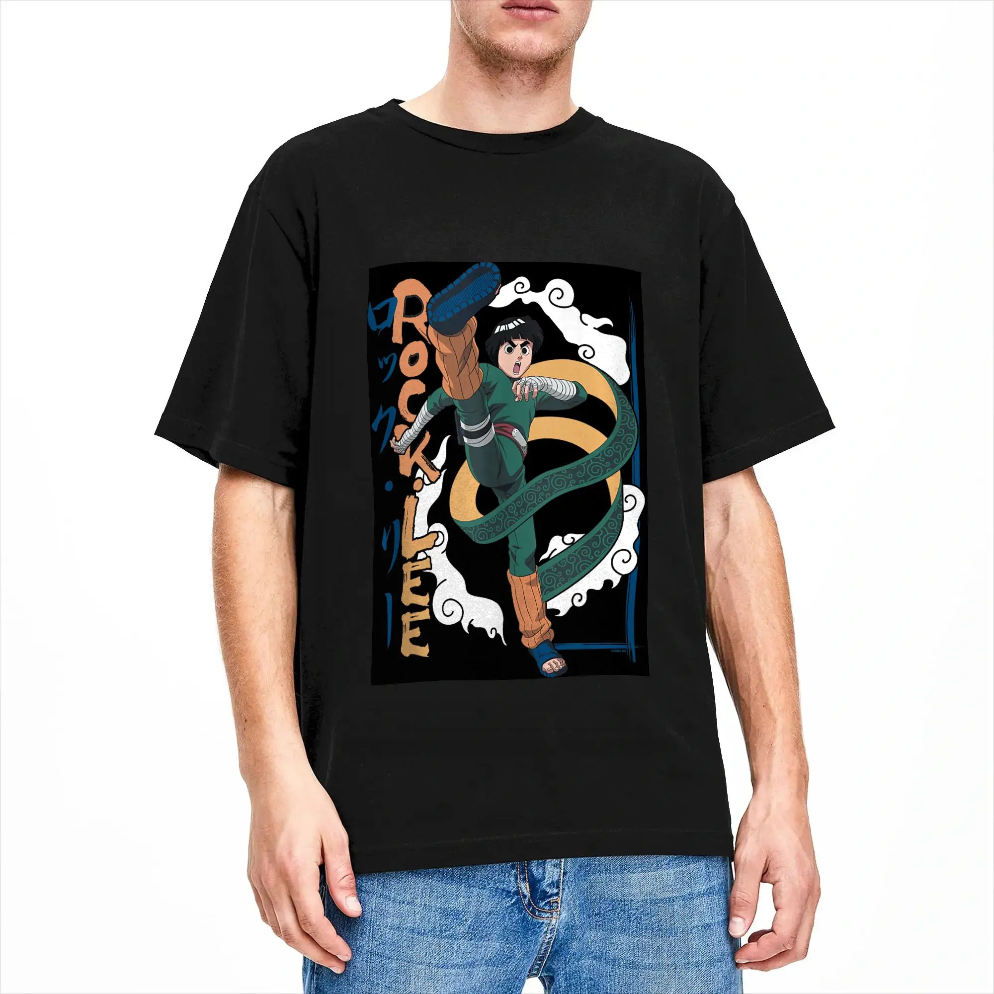 Men's RockLee Scroll Pose with Smoke and Kanji Anime T Shirts  Cotton Top Tees Summer Streetwear Short Sleeve T Shirt O Neck