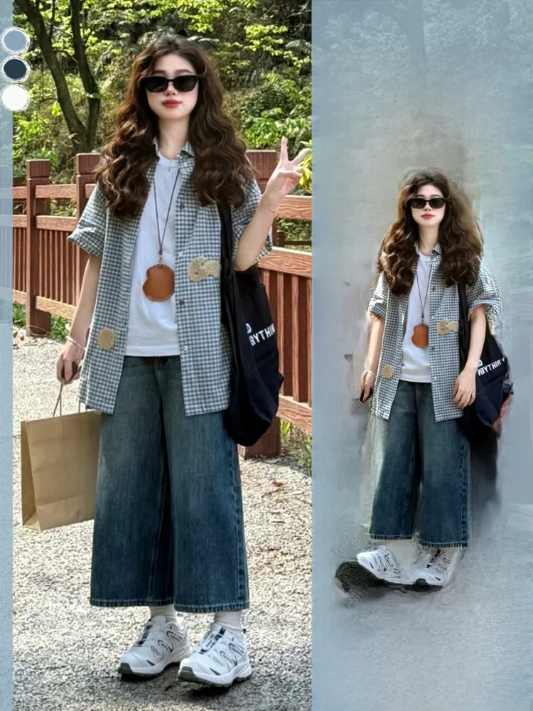

Fall 2025 Korean Sle Women's Base Layer T-irt ort Sve Plaid irt with Denim Pants Faion Set Casual High Waist Lon...