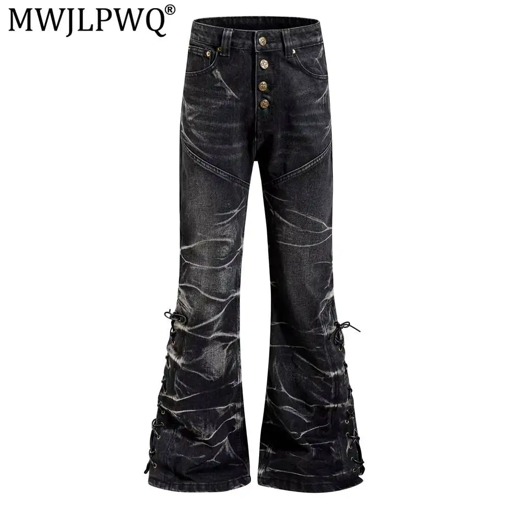 MWJLPWQ Men's Trendy Flared Jeans Lightning Pattern Drawstring Slit Design Button-Front Placket Design Denim Trousers 20127
