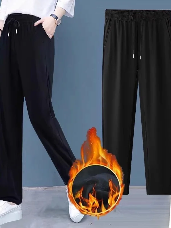 Pantalones deportivos informales de talla grande con forro de Fce para mujer, pantalones de pierna recta de cintura alta, holgados, para Otoño e Invierno