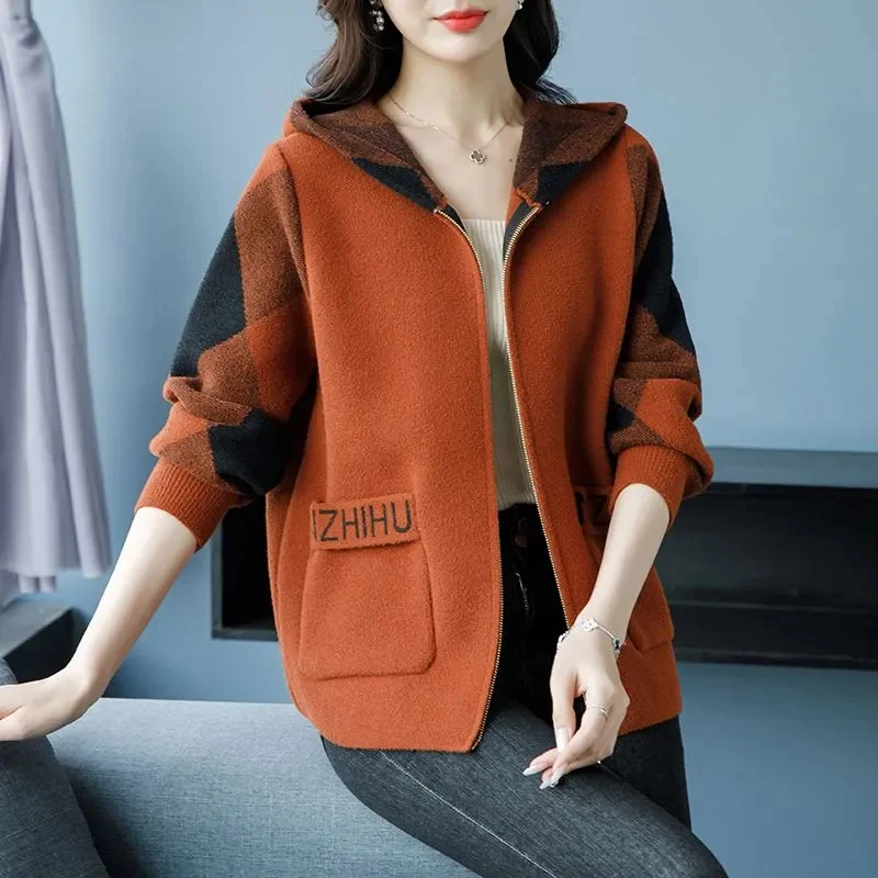 Mutter Wollmantel frauen 2025, Frühling Herbst Winter Neue Jacke Große Größe Mit Kapuze Outwear Koreanische Mittleren Alters Strickjacke Top damen