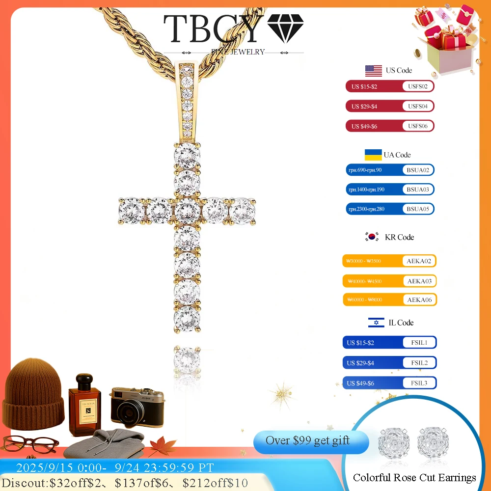 

TBCYD 3MM D Color Moissanite Cross Pendant Necklace For Men S925 Silver Shiny Diamond Hip Hop Neck Chain Party Fashion Jewelry