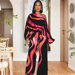 Abstract Printed Single Shoulder Diagonal Collar Long Sleeved Wide Leg Jumpsuit  Monos Mujer Elegante