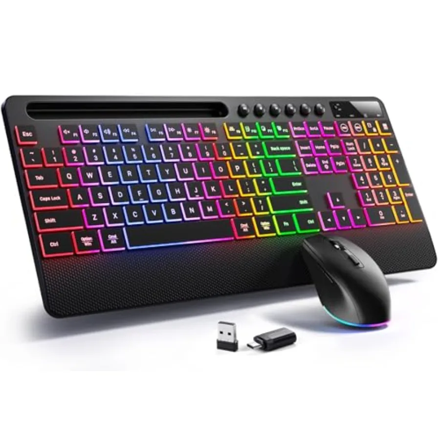 

Wireless Keyboard and Mouse Combo with RGB Backlit Ergonomic Full Size Silent Keyboard and Wrist Rest 2.4G Rechargeable Phone H