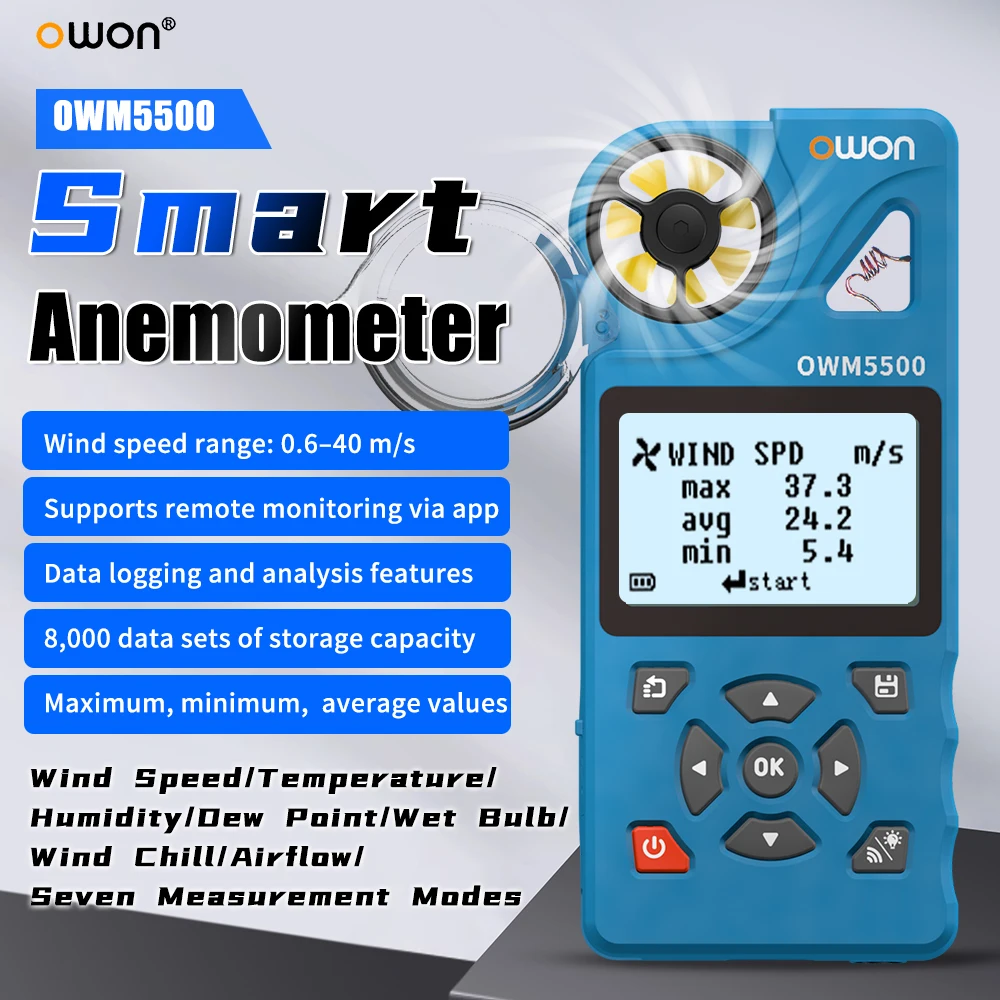 Anemómetro Inteligente OWON OWM5500, Medidor de Velocidad del Viento de 0.6-40m/s, Registro de Datos en la Aplicación, Temperatura, Humedad, Probador Digital para Monitoreo Meteorológico