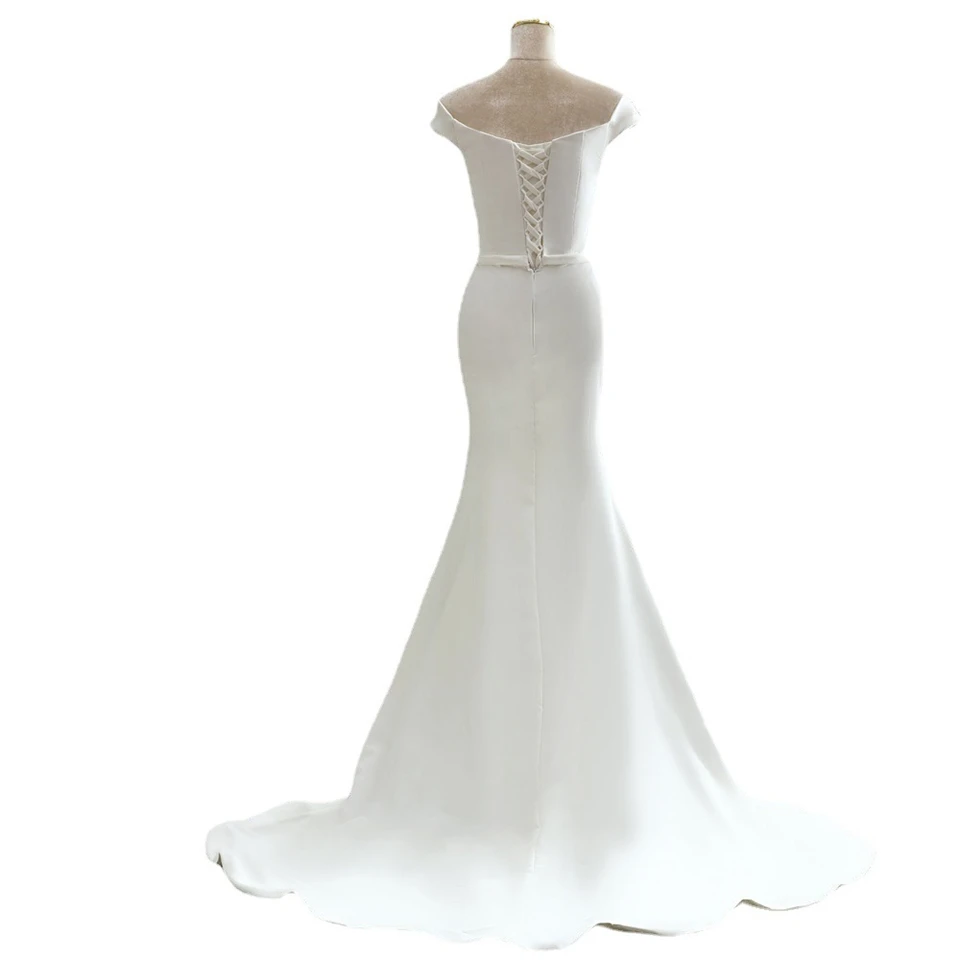 Elegante Satin Cap Ärmel V-Ausschnitt Meerjungfrau einfache Brautkleider 2024 Sweep Zug volle Ärmel Brautkleider vestido de noiva