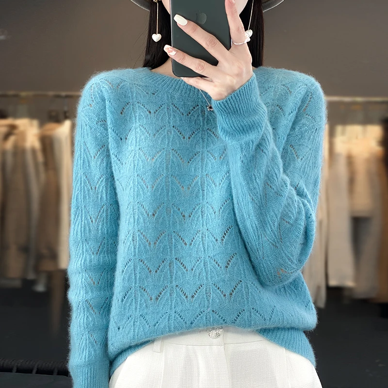 Pullover 100% Wool Sweater Women\'s Knitted Thin Hollow Long Sleeve Sweater Loose and Comfortable New Product Women\'s Sweater