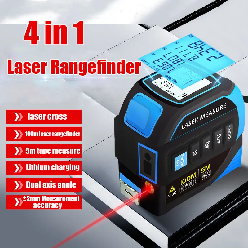 4 in1 Laser Tape Measure 40m 60m100m Rangefinder 5M Tape Measurement LCD Power Display Electronic Ruler Laser Measure Power Tool