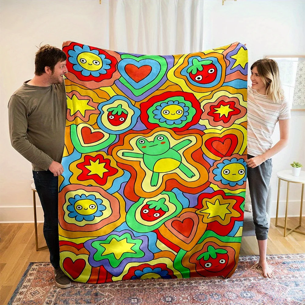 Colorful Cartoon Frog & Strawberry Sunflower Heart Star Fleece Blanket, Reversible, All-Season, Contemporary Style, 200-250g Fab