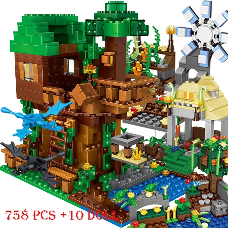 1208PCS My Worlds Building Blocks The Mountain Cave Village Warhorse Tree House Elevator with Figures Bricks Toys Children Gift