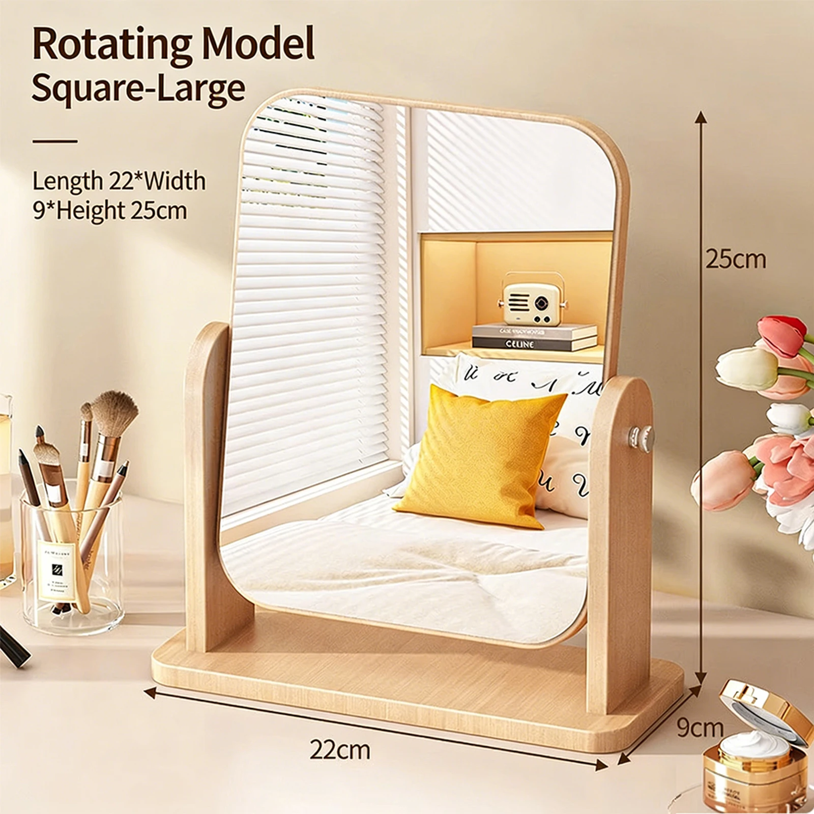 Minimalist makeup mirror with natural wood texture, high-definition mirror surface, rotating design, and pure manual polishing