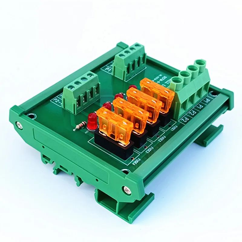 Scheda del modulo di distribuzione dell\'alimentazione del fusibile a 4 posizioni con montaggio su guida DIN, per AC/DC 5 ~ 32V.