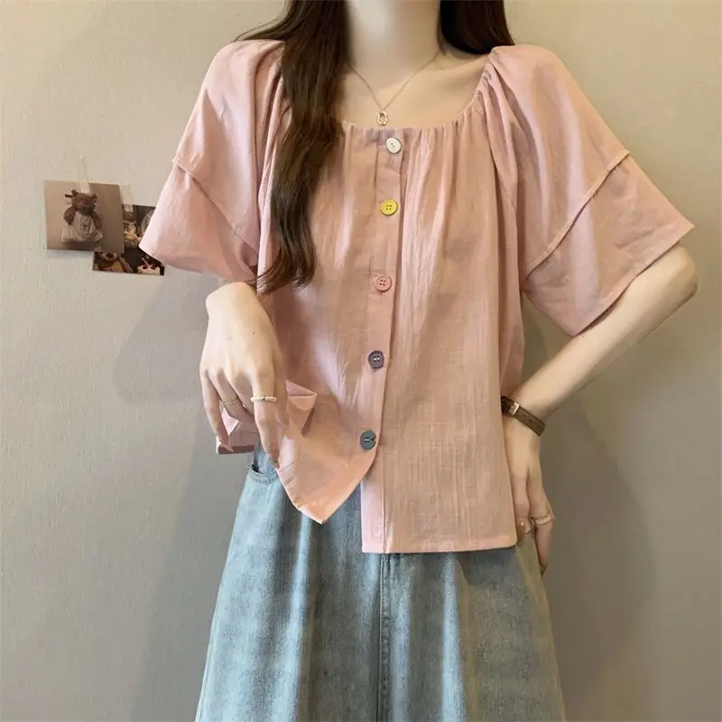 

Summer Casual Korean Fashion Loose Solid Color O-neck Short Sleeve Elegant Dignified Intellectual Generous Sven Bright Easy Tops