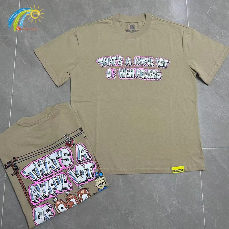 

Cartoon Letters Graphics Print Khaki T-Shirt Men Women Top Quality Cotton THAT'S A AWFUL LOT OF COUGH SYRUP T Shirt Tee With Tag