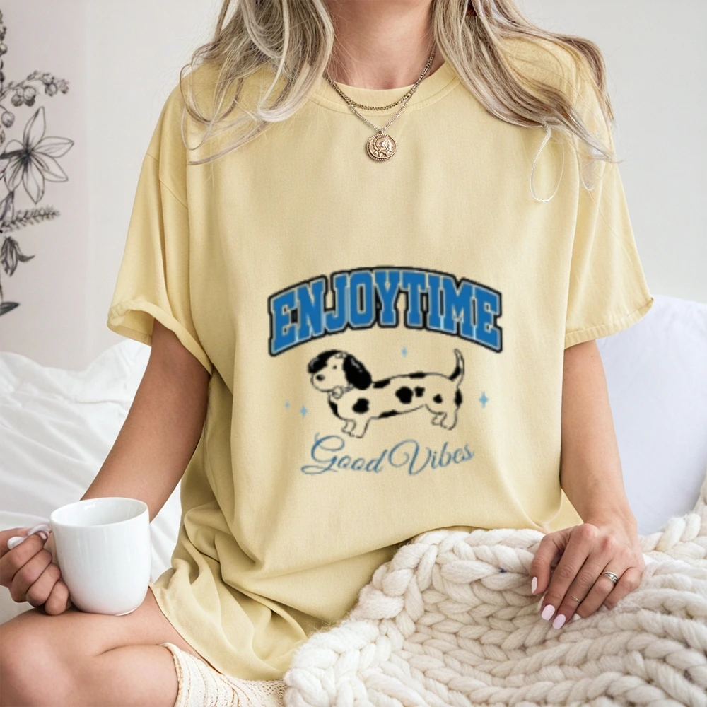 Y2K Cutecore Women's Cotton Tee Playful Enjoy Time Dog Graphic for Daily Wear Positive Vibes Loose Style