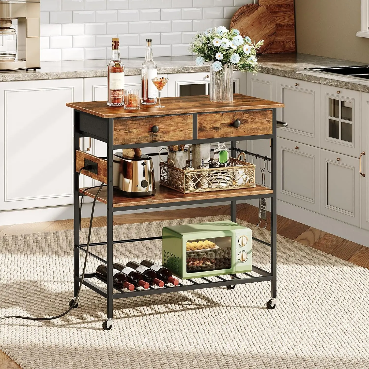 Hoobro Kitchen Island With Storage, Rolling Island Cart For Kitchen With 2 Drawers & Outlet, 3 Tier Coffee Station And