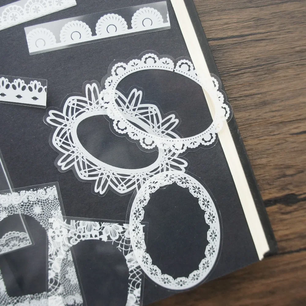 

28pcs Elegant White Lace Flower Line Frame Style PVC Sticker Scrapbooking DIY Gift Packing Decoration Tag