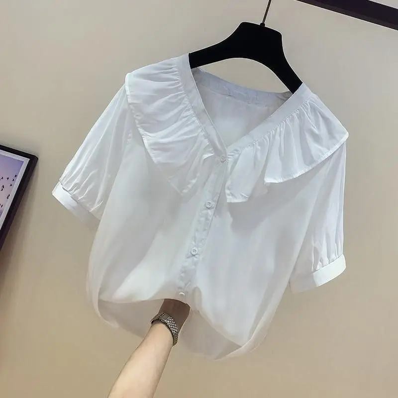 Temperament V Neck Button Blouse Summer New Pleated Short Sleeve Solid Color Loose Shirt Tops Fashion Office Women Clothing