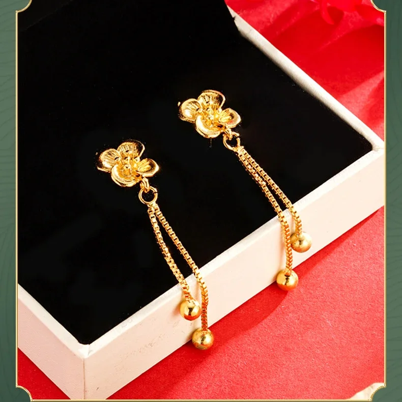 14K Yellow Gold Color Instagram Four Leaf Flower Earring for Women's Earline Long Drop Earrings for Women Fine Jewelry Gifts