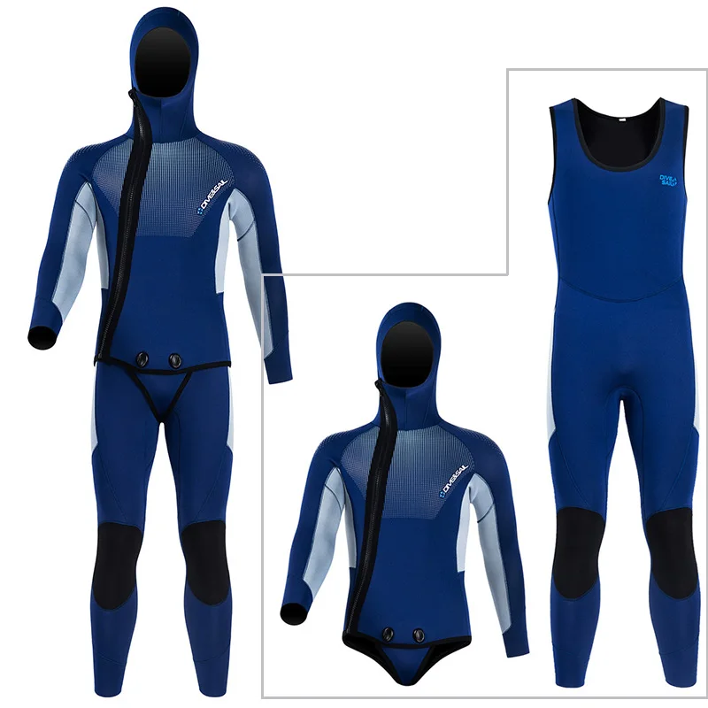 5mm Neoprene Spearfishing Wetsuit 2-Pieces Mens Full Body Scuba Diving Suit for Snorkeling Swimming Freediving Front Zip