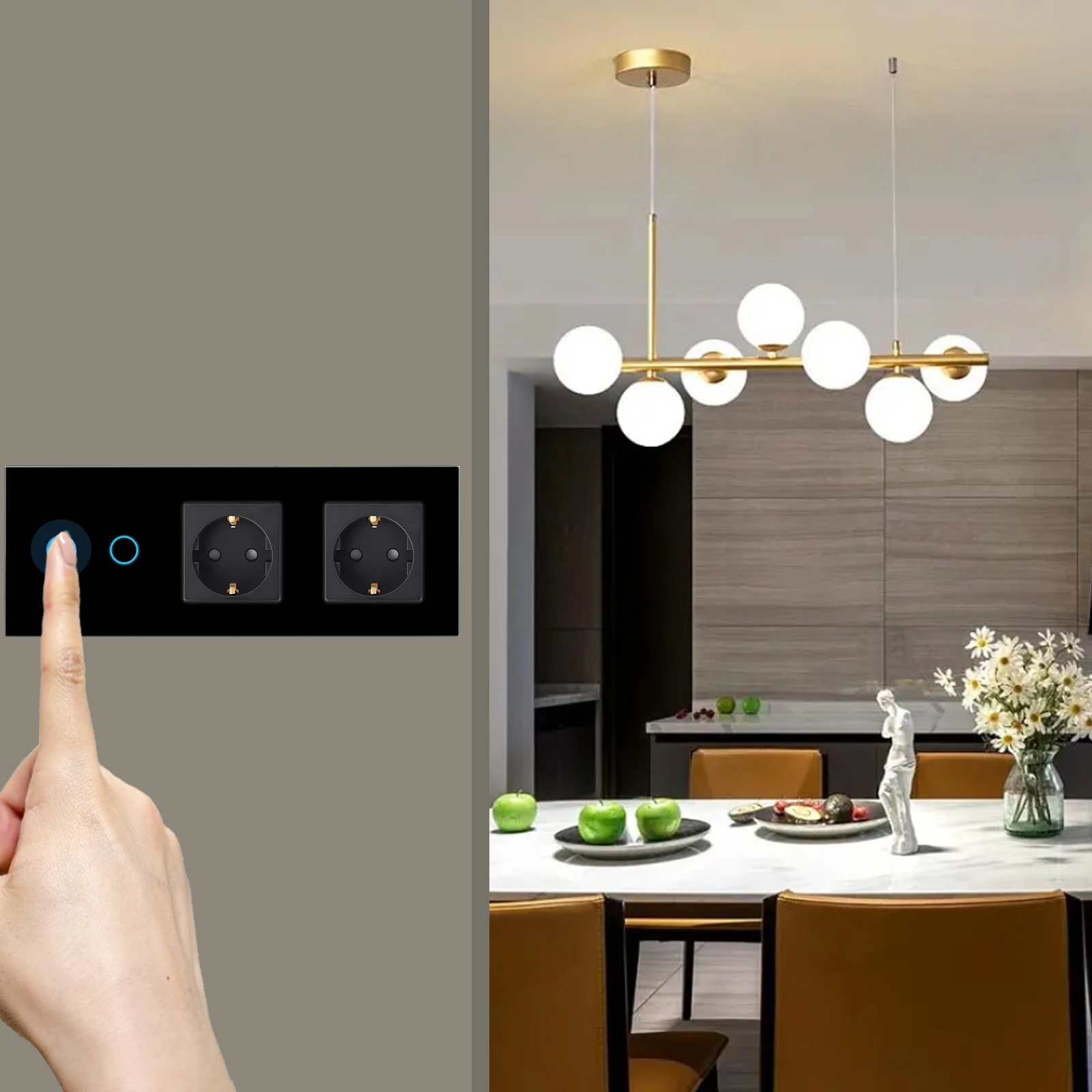 Normal Socket With WiFi Light Switch, Work With Alexa Tuya, Glass Touch Screen,2x1Way, 16A Double Socket, Neutral Line Required