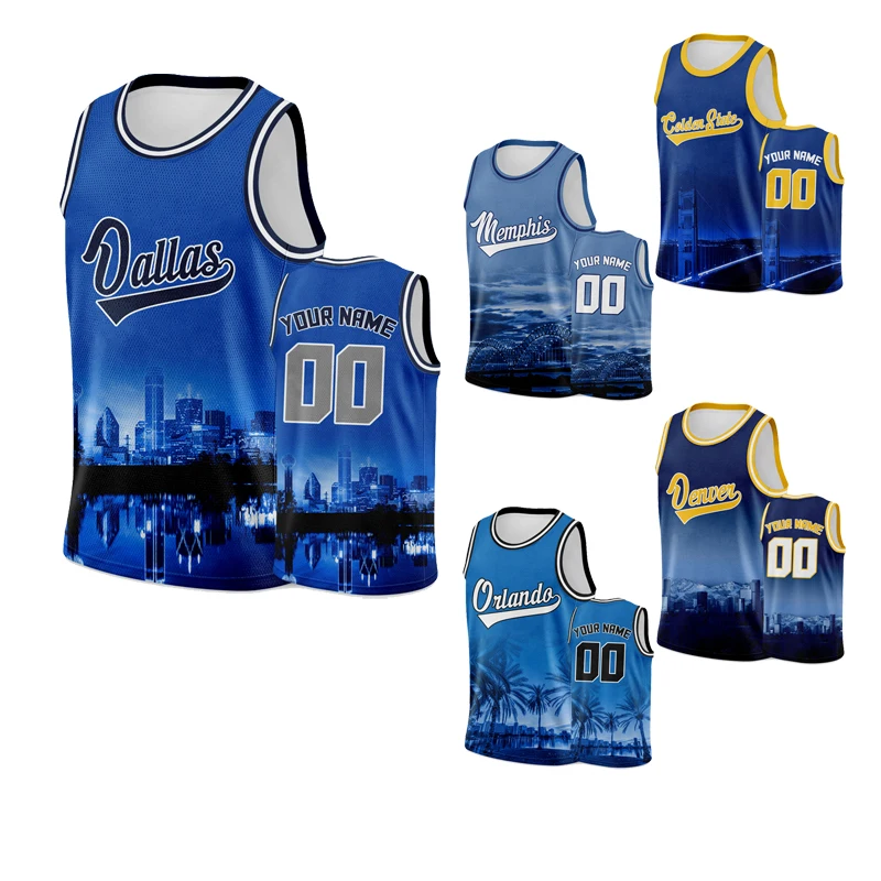 Blue Personalized Basketball Jerseys Custom City Night View Men T-shirt Design Clothing Your Name Tank Top Baseket Tshirt