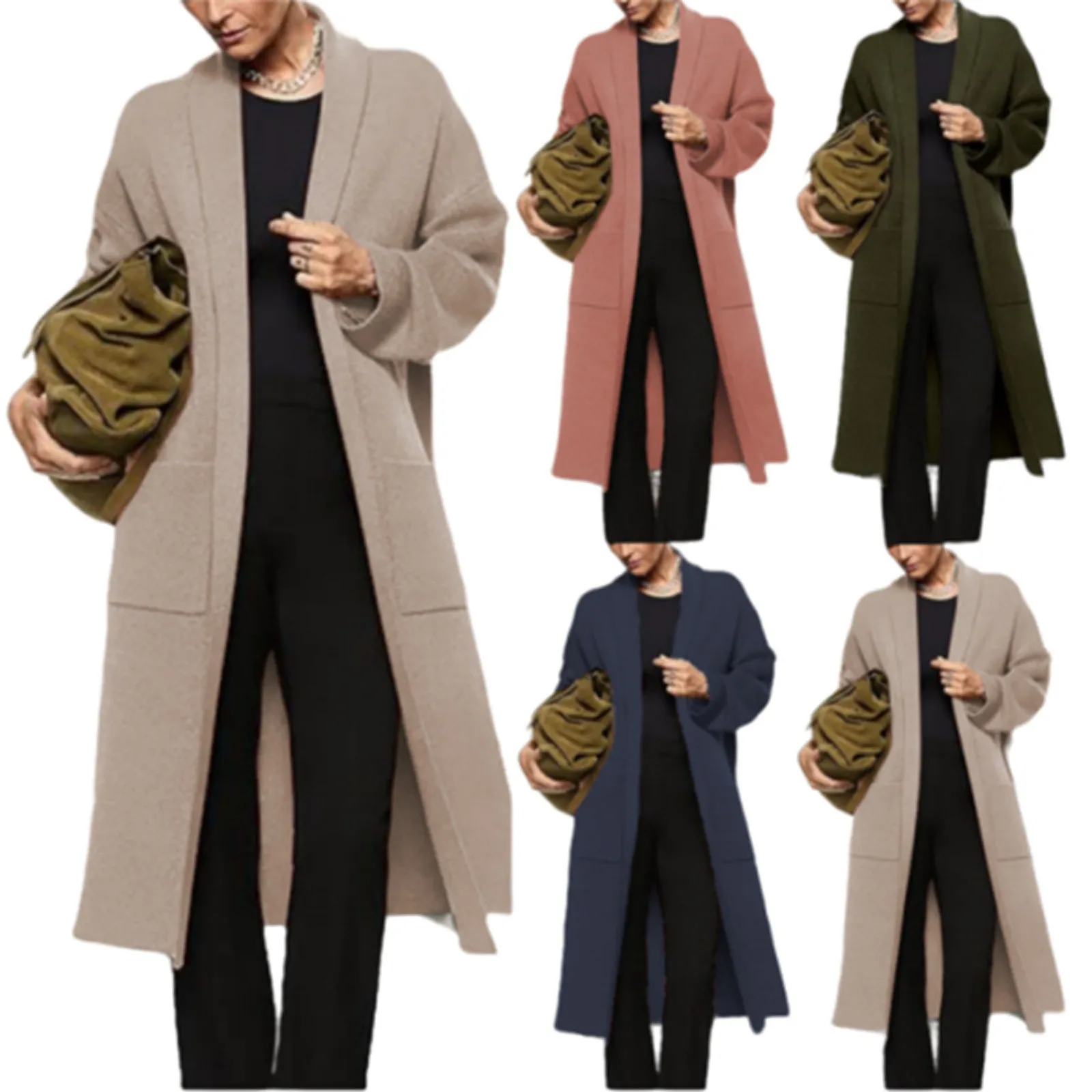 สตรีสีทึบลําลองแขนยาวฤดูใบไม้ร่วงและฤดูหนาวยาวเสื้อสเวตเตอร์ถัก Cross-Border หลวมเสื้อกันหนาวขนาดใหญ่