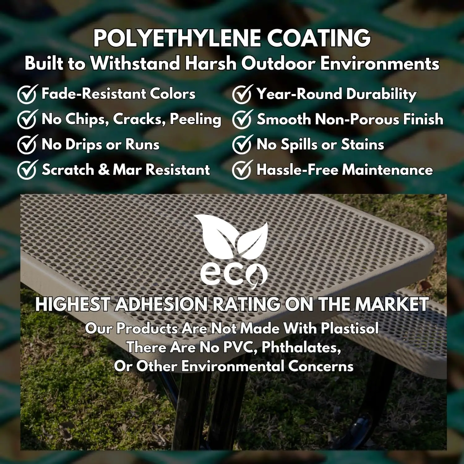 Coated Outdoor Furniture Heavy-Duty Outdoor Bench Thermoplastic Coated, Expanded Metal, Commercial-Grade Seating, Made In