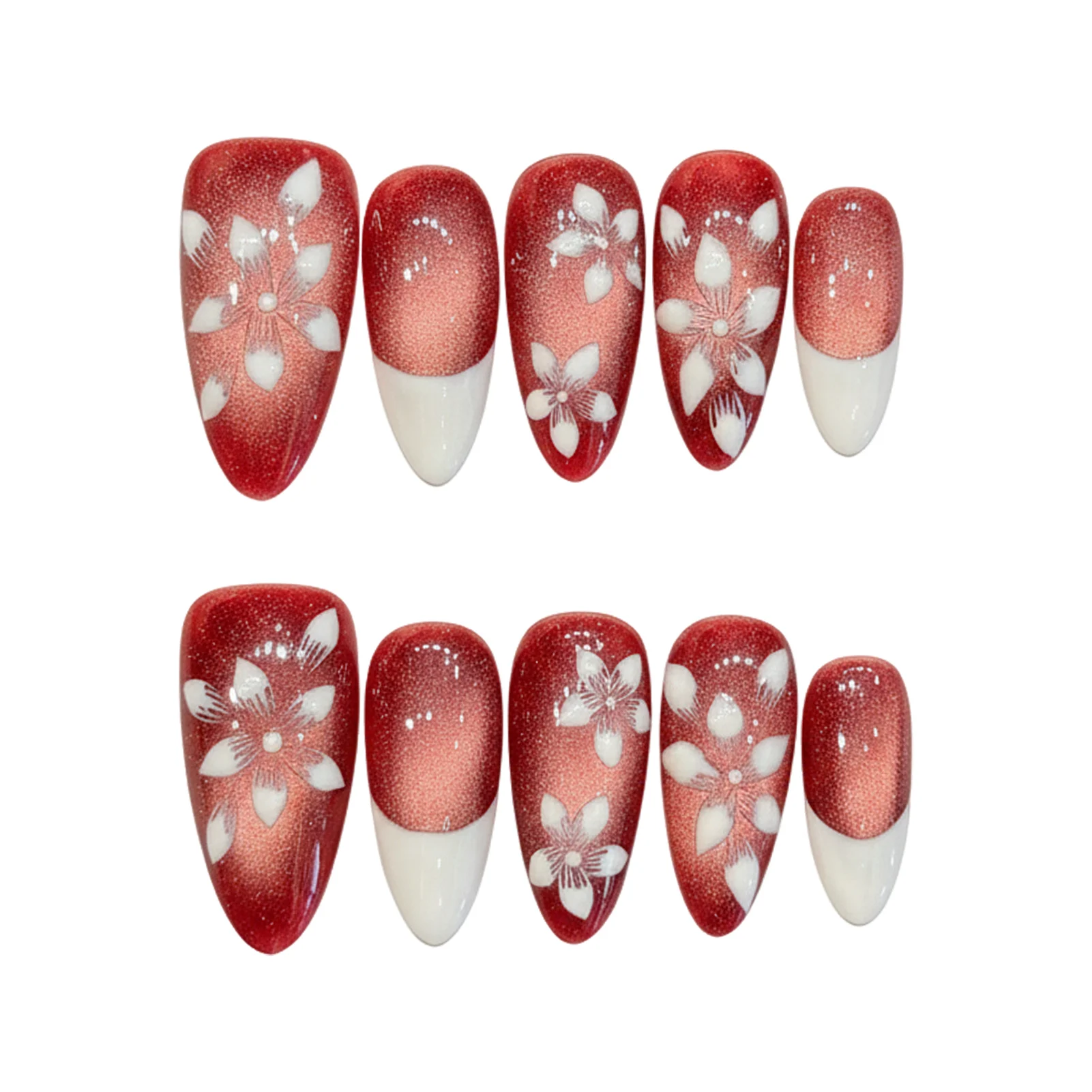10 pièces rouge à la main amande presse sur les ongles, faux ongles français blancs modèles d'yeux de chat brillants, faux ongles à coller décor floral