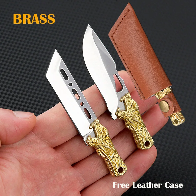 latao dragon head mini knife portatil unboxing pequena lamina edc lamina fixa cortador de capa de couro ferramentas surival ao ar livre presente 01