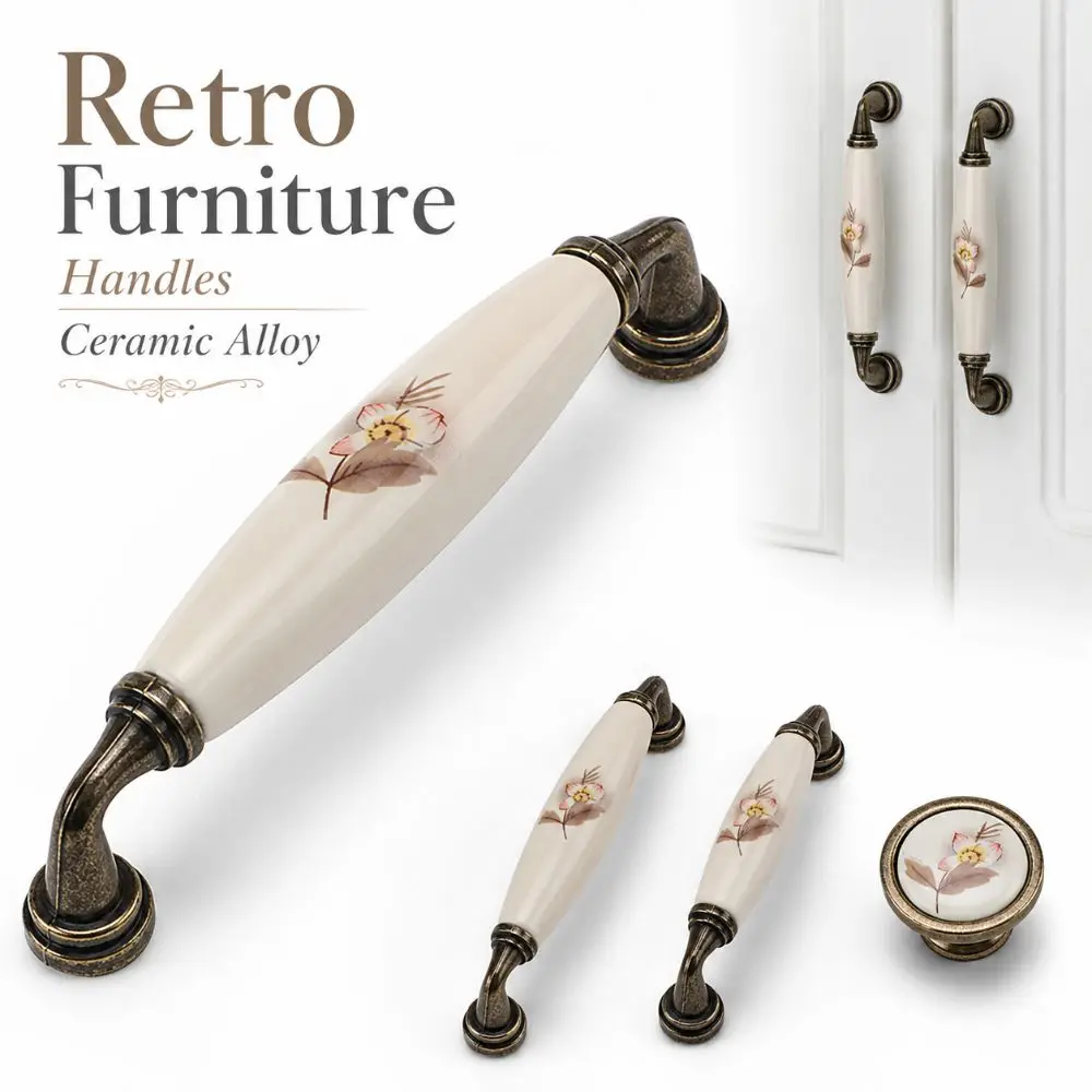 European Style Retro Knob Handle Ceramic Alloy Sturdy Furniture Cabinet Handles Floral Print Wardrobe Door Handle