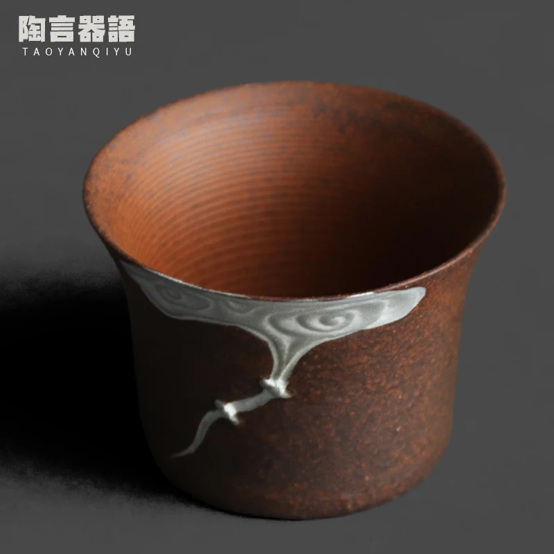 Rough Pottery Old Rock Clay Embossed Clouds Painted Silver Teacup New Chinese Handmade Pottery Drinking Single Cups