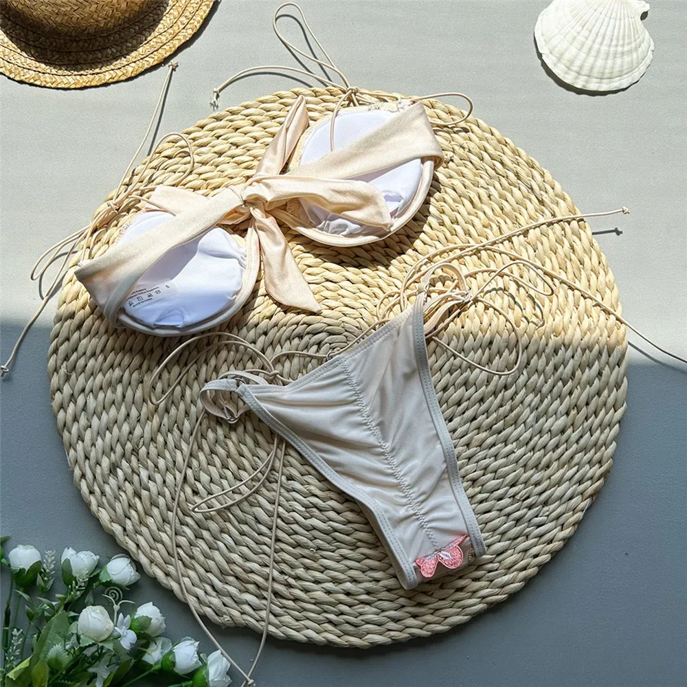 Beige Shiny Flower Embroidery Swimwear Thong Micro Push Up Bikini Set Sexy Swimsuit Women 2025 Bathing Suit String Bikinis Mujer