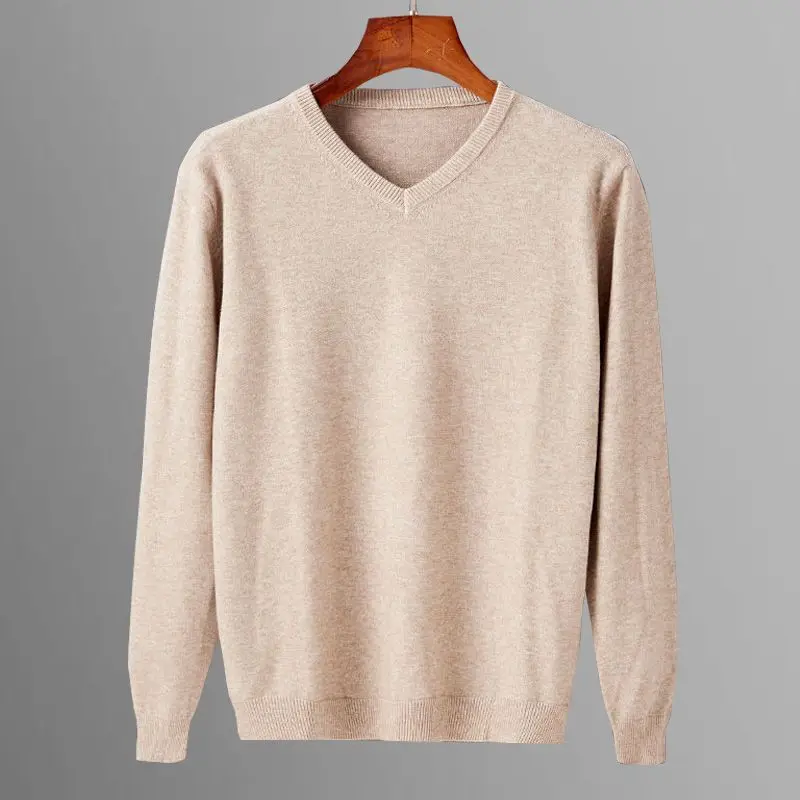 

Autumn Winter Men's V-Neck Solid Knitted Wool Sweater Pullover Casual Youth Elastic Warm Comfortable Long Sleeved Sweater