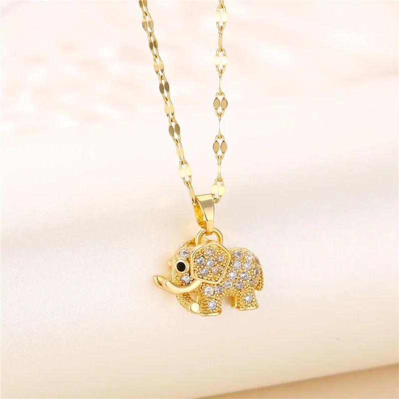 Cute Elephant Cubic Zirconia Pendant Necklaces For Women and Men Golden Copper Metal Necklace Versatile Daily Party Jewelry