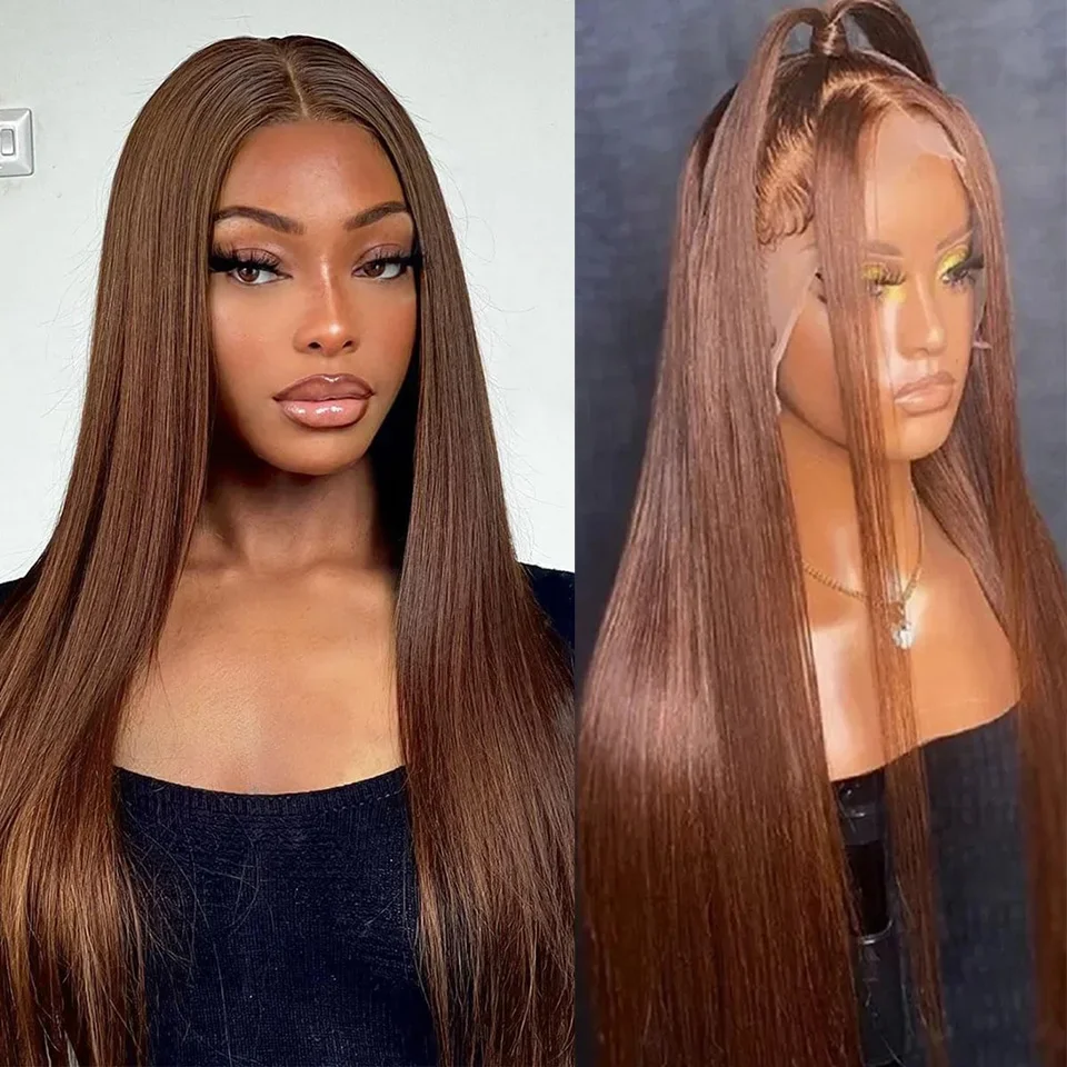 

Длинные прямые 13x6 HD прозрачные парики фронта шнурка человеческие волосы шоколадно-коричневый бесклеевой парик фронта шнурка человеческих волос предварительно сорванные