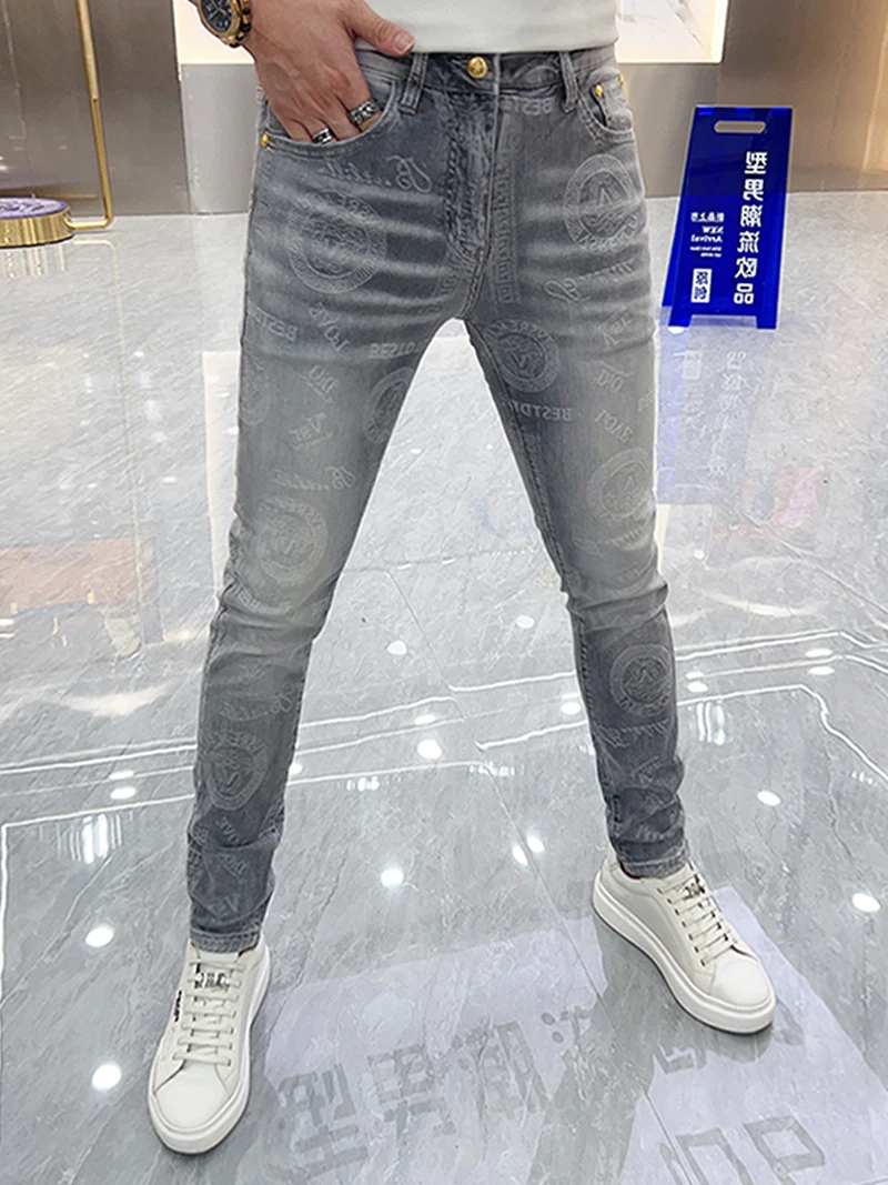 

Men's Fashionable Printed Jeans Slim Fit Elastic Casual Small Straight Leg Pants mid Waist Long Thin Denim Fabric Summer Wear