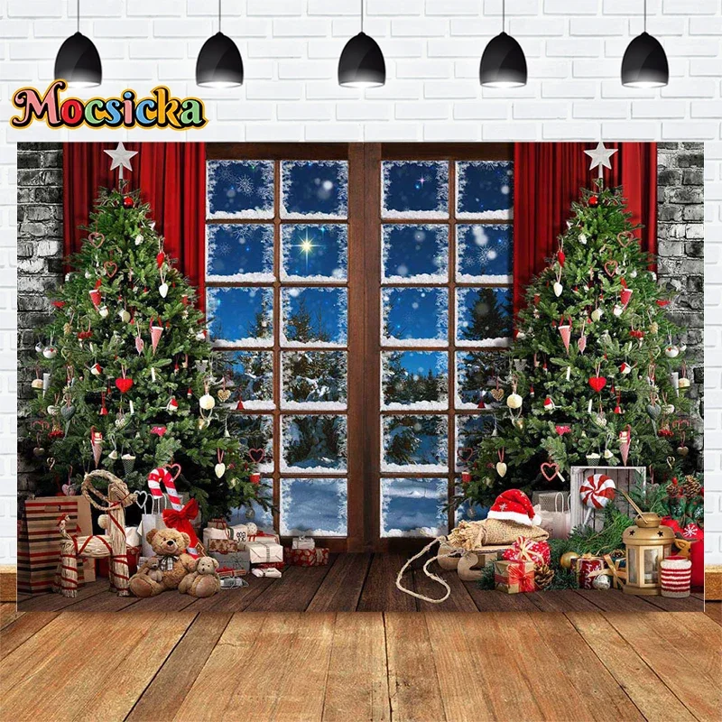 

Mocsicka Christmas Photography Backdrop Window View Xmas Tree Toys New Year's Eve Party Cute Kids Photo Backdrop Cake Smash