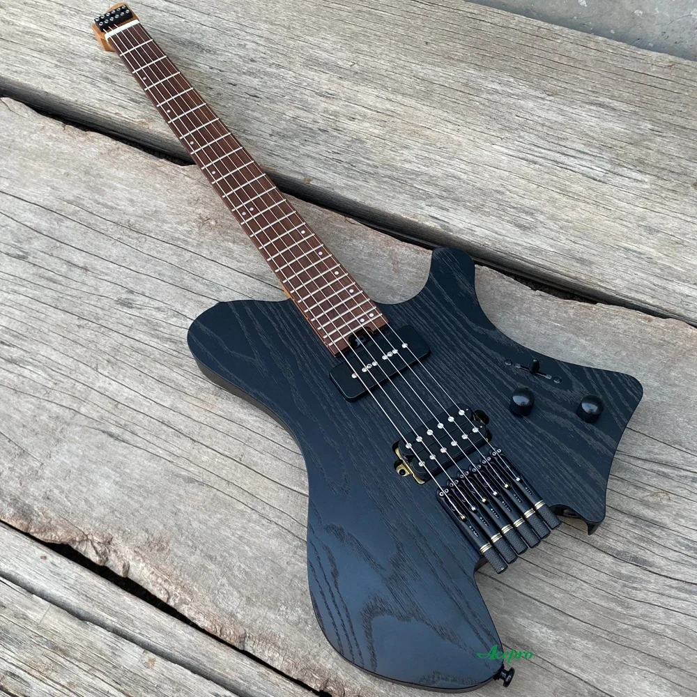 

In Stock Acepro Upgraded Satin Black Headless Electric Guitar, P90+Humbucker, Roasted Maple Neck, Jumbo Stainless Steel Frets