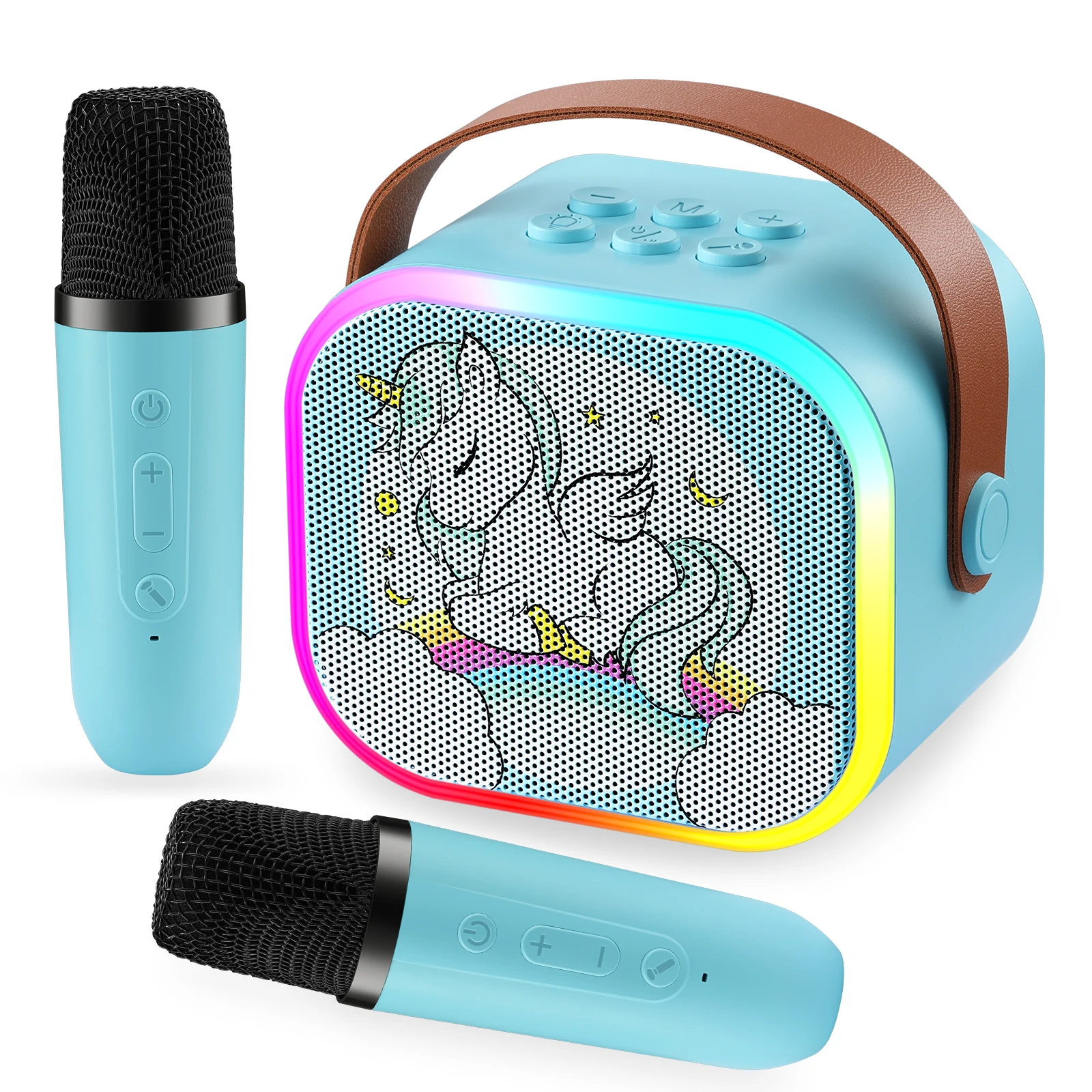 Máquina de Karaoke con 2 micrófonos para niños, instrumento musical de juguete con luz para interiores y exteriores, juguete educativo de viaje, regalo para niña y niño