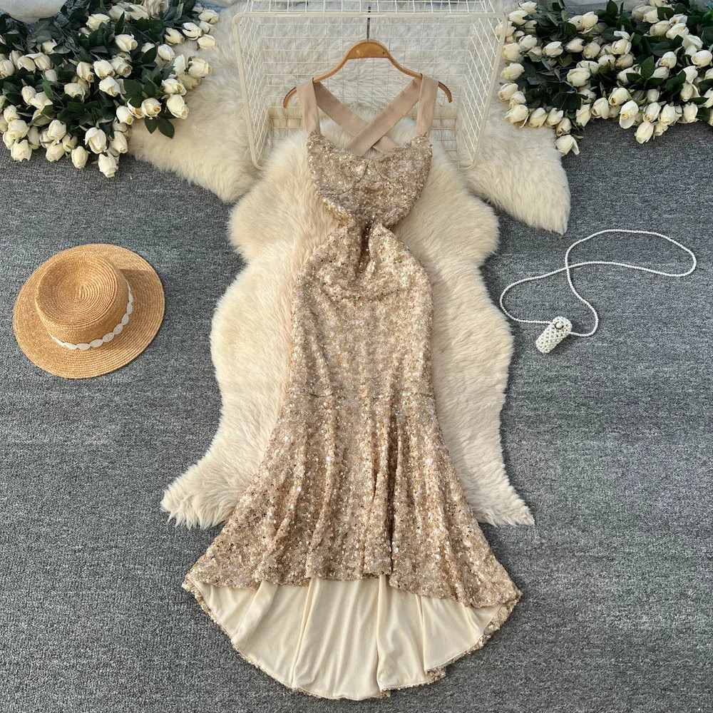 

Women Dresses Solid Dress Sequined Spaghetti Strap Ankle Length Sleeveless Empire Cinched Waist Mermaid Slim Casual 2025 Summer