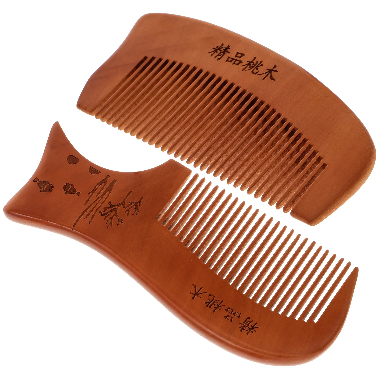 2pcs Peach Wooden Combs Carved Pocket Natural Wood Comb Anti-static Massage Combs ( Shape + Tail Shape)
