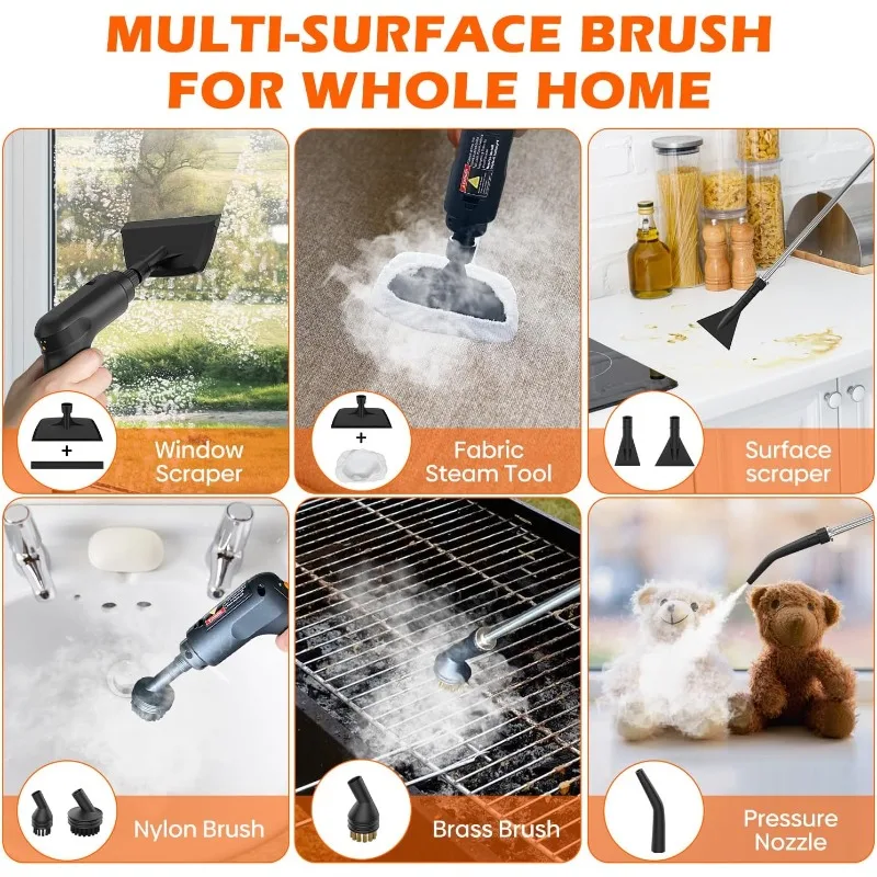 家庭用および車用のスチームクリーナー - 3段階のハンドルで掃除を行うためのポータブルハンドヘルドスチーマー、15秒の加熱、大容量タンク、16個のアクセサリー