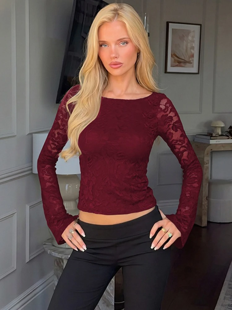 Woman Clothing Long Sleeve Backless T-shirts Sexy O-neck See-through Lace T Shirt Female Hollow Out Bandage Black Cropped Tops
