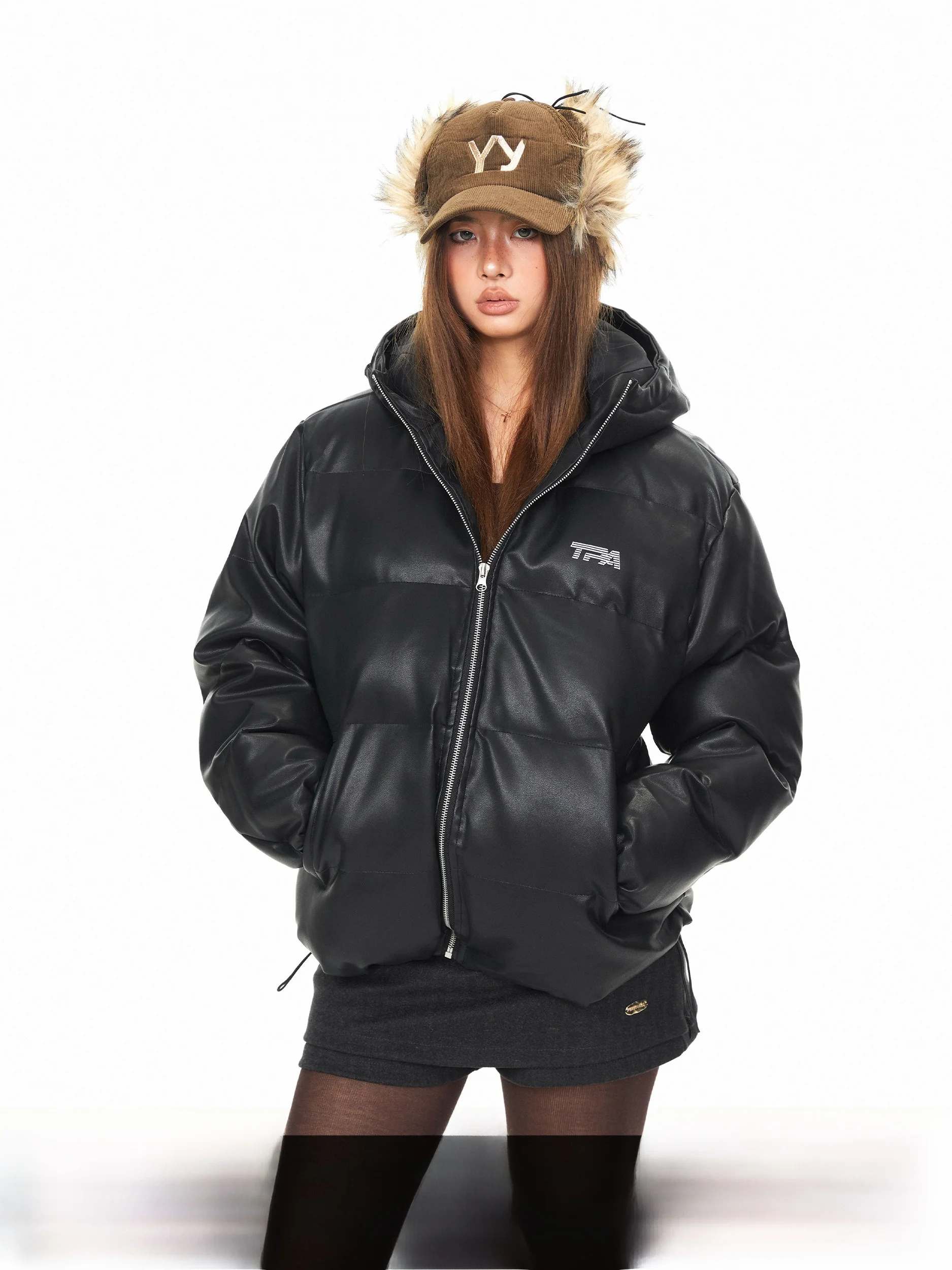 

Blabb Street Sle Hooded PU Leather Coat with Warmth And Loose Fit for Women Devil Ear Dachund Print Winter Jaet